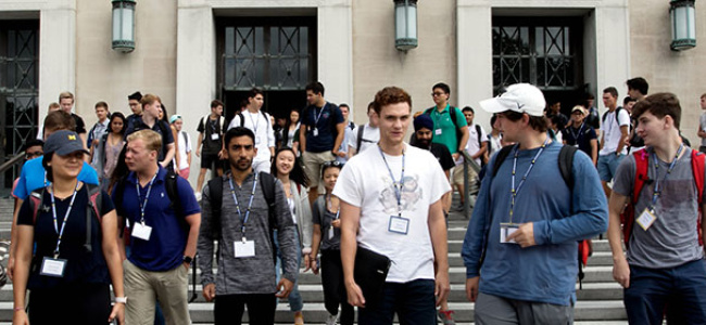 group of students outside walking